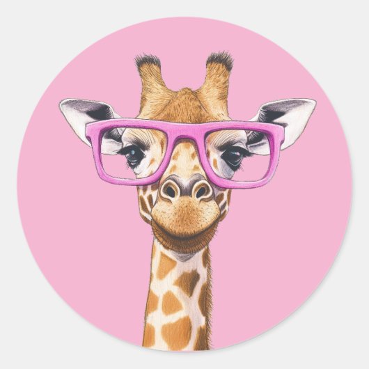 Giraffe met Roze Brillen Licht Roze BG Sticker (Voorkant)