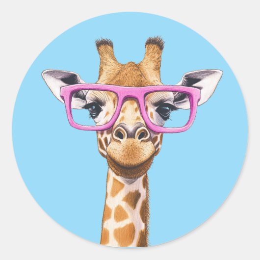Giraffe met Roze Brillen Sticker Blauwe Achtergron (Voorkant)