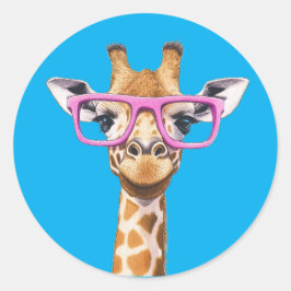 Giraffe met Roze Brillen Sticker Blauwe Achtergron