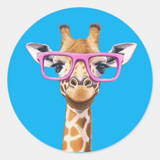 Giraffe met Roze Brillen Sticker Blauwe Achtergron (Voorkant)