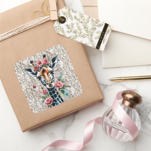 Giraffe met roze rozen en kant vierkante sticker (Geschenken)