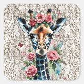 Giraffe met roze rozen en kant vierkante sticker (Voorkant)