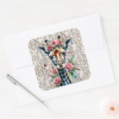 Giraffe met roze rozen en kant vierkante sticker (Envelop)