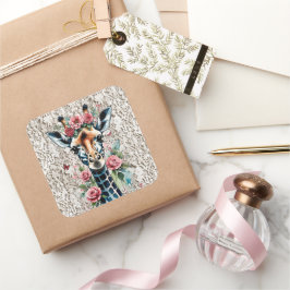 Giraffe met roze rozen en kant vierkante sticker