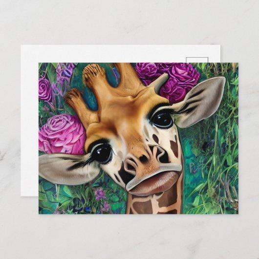 Giraffe met Rozen en Waterverf Briefkaart (Voorkant / Achterkant)