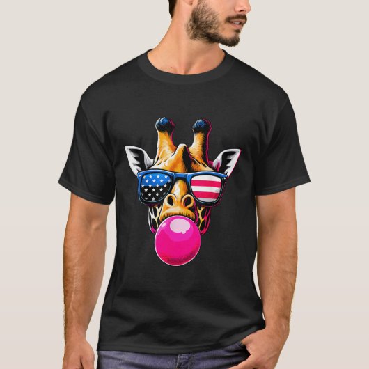 Giraffe met USA Glasses en Bubblegum 4 juli T-shirt (Voorkant)