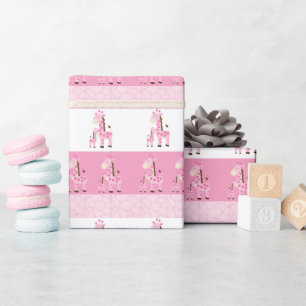 Giraffe Moeder en Baby in Roze Cadeaupapier