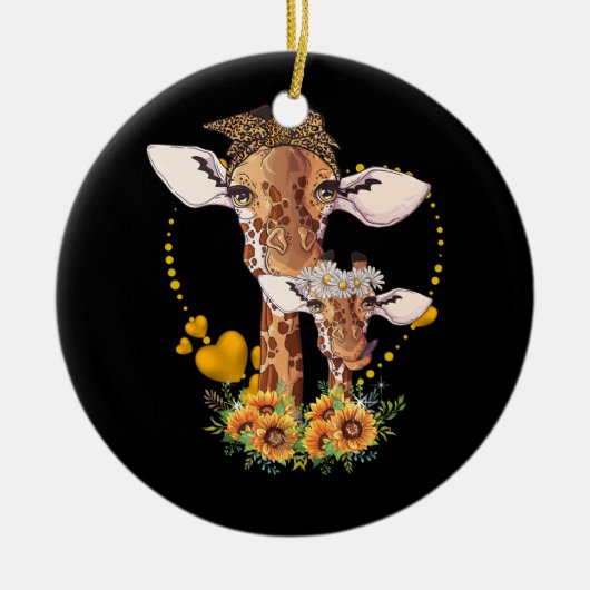 Giraffe Moeder En Kind Zonnebloem Wildlife Safari Keramisch Ornament (Voorkant)