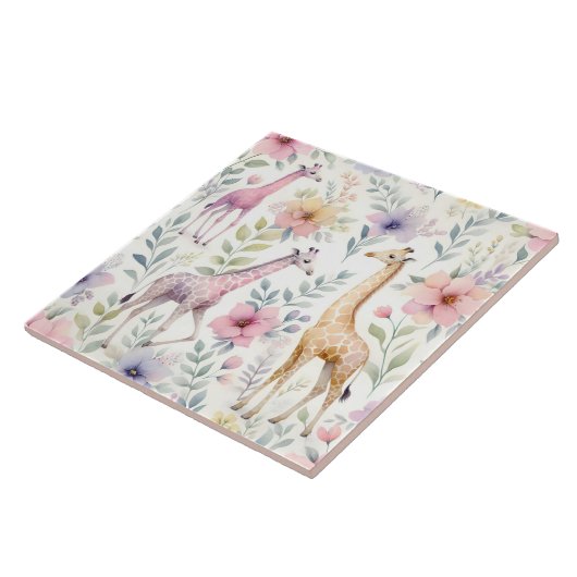 Giraffe muurschildering met bloemen tegeltje (Zijkant)