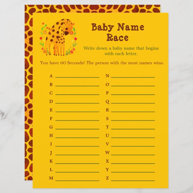 Giraffe Naam Dash - A tot Z Baby shower Game (Voorkant / Achterkant)