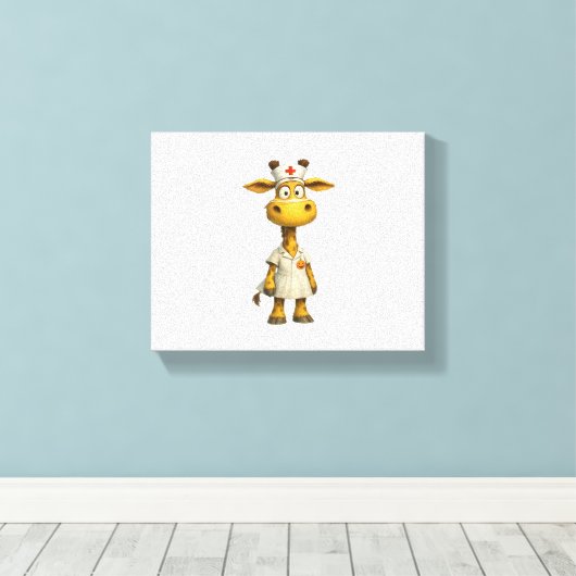 Giraffe Nurse Cartoon – Whimsical Healthcare Hero Canvas Afdruk (Insitu (Houten vloer))