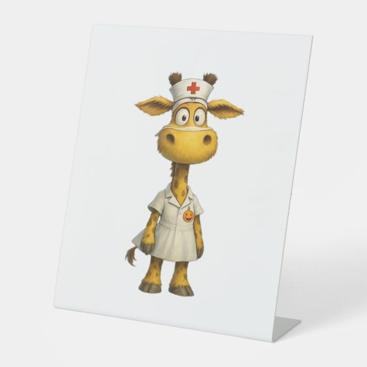 Giraffe Nurse Cartoon – Whimsical Healthcare Hero Reclamebord Met Voetstuk (Voorkant)