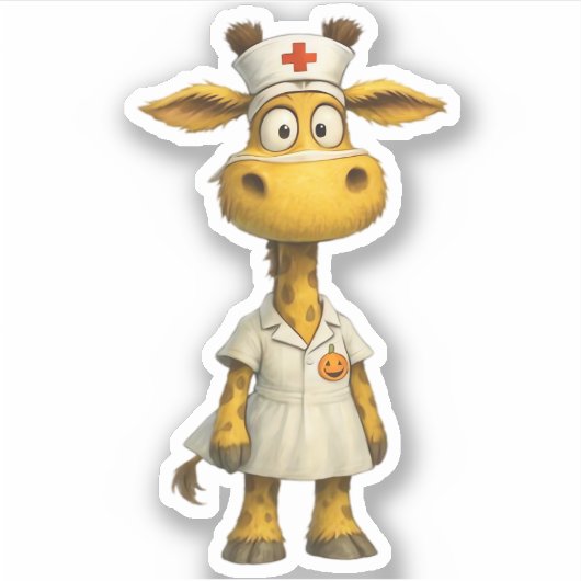 Giraffe Nurse Cartoon – Whimsical Healthcare Hero Sticker (Voorkant)