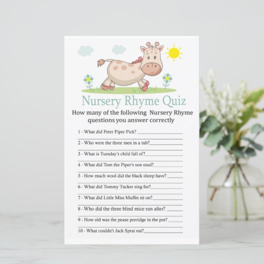 Giraffe Nursery Rhyme Quiz baby shower game (Staand voorkant)