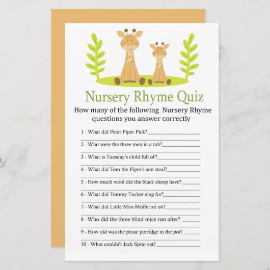 Giraffe Nursery Rhyme Quiz baby shower game (Voorkant / Achterkant)