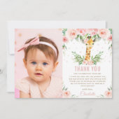 Giraffe Oerwoud Blush Floral 1e verjaardag Foto  Bedankkaart (Voorkant)