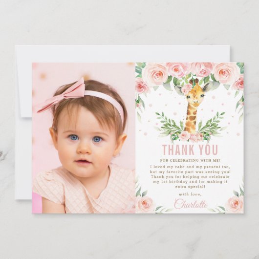 Giraffe Oerwoud Blush Floral 1e verjaardag Foto  Bedankkaart (Voorkant)