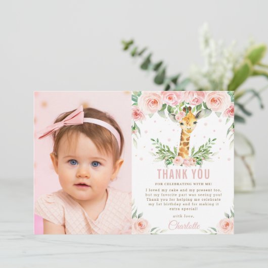 Giraffe Oerwoud Blush Floral 1e verjaardag Foto  Bedankkaart (Staand voorkant)