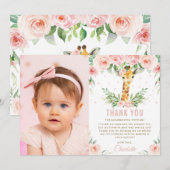 Giraffe Oerwoud Blush Floral 1e verjaardag Foto  Bedankkaart (Voorkant / Achterkant)
