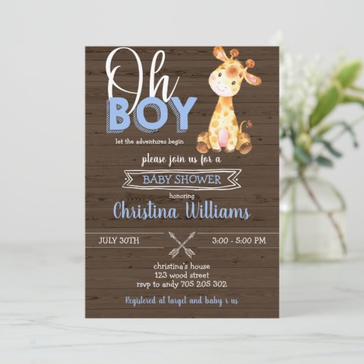 Giraffe Oerwoud Rustic Baby Boy Wood Baby shower Kaart (Staand voorkant)