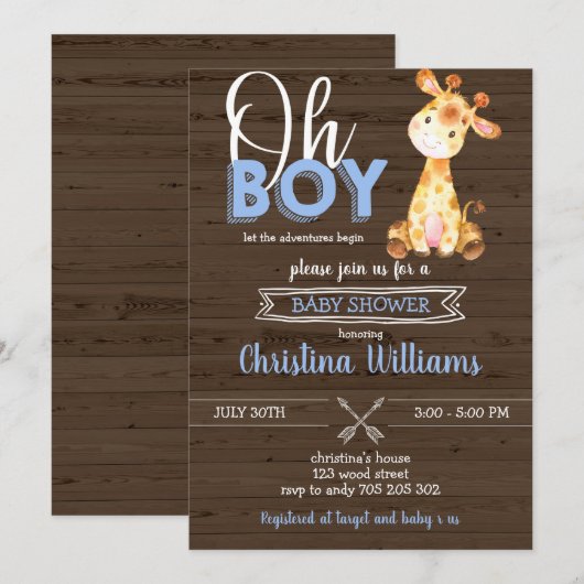 Giraffe Oerwoud Rustic Baby Boy Wood Baby shower Kaart (Voorkant / Achterkant)