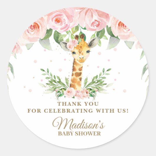 Giraffe Oerwoud Safari Roze Bloemen Bedankt Favor Ronde Sticker (Voorkant)