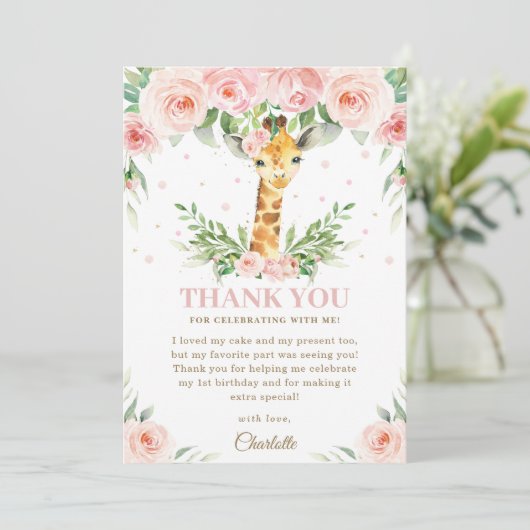 Giraffe Oerwoud Safari Roze Blush Floral Birthday  Bedankkaart (Staand voorkant)