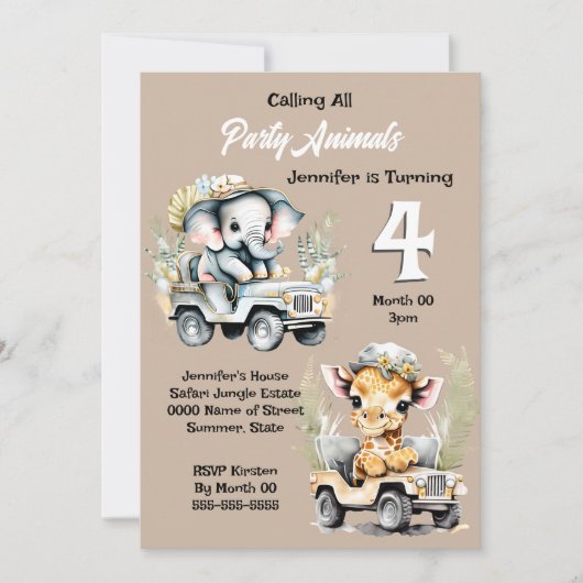 Giraffe olifant oerwoud safari wilde dieren kinder kaart (Voorkant)