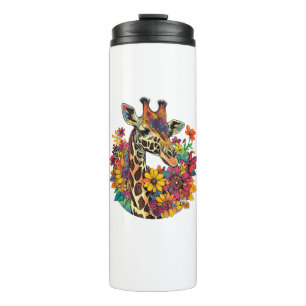 Giraffe omgeven door kleurrijke bloemen _1 thermosbeker