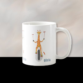 Giraffe op een eenwieler kinder mok met naam