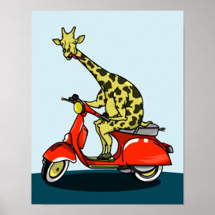 Giraffe op een retro bromfiets poster