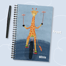 Giraffe op eenwieler kind blauw spiraalboek notitieboek