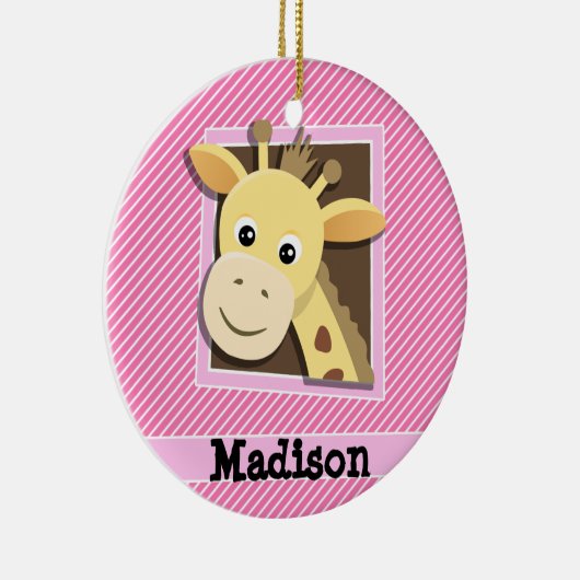 Giraffe op roze en witte strepen keramisch ornament (Rechts)