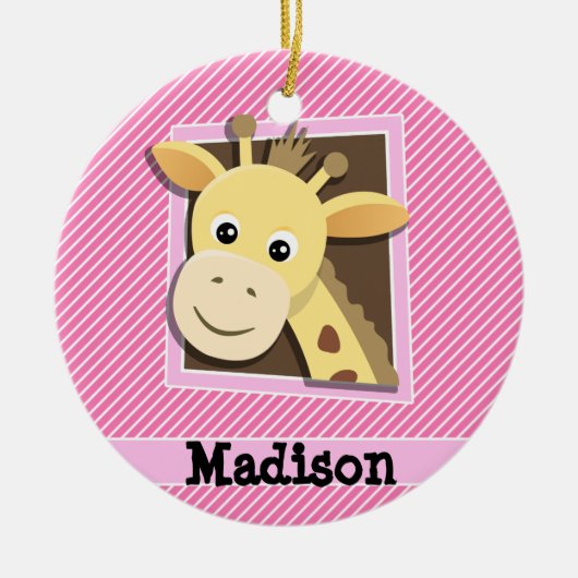 Giraffe op roze en witte strepen keramisch ornament (Voorkant)
