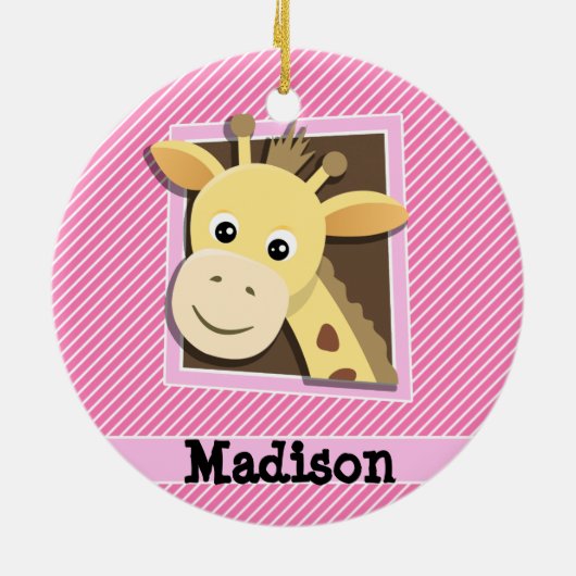 Giraffe op roze en witte strepen keramisch ornament (Achterkant)