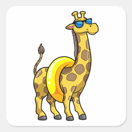 Giraffe op strand met draaiende ring en zonnebril vierkante sticker (Voorkant)