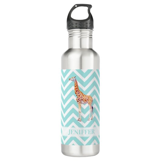 Giraffe op zigzag chevron. waterfles  (Voorkant)