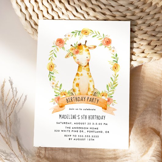 Giraffe Oranje Waterverf Floral Birthday Kaart
