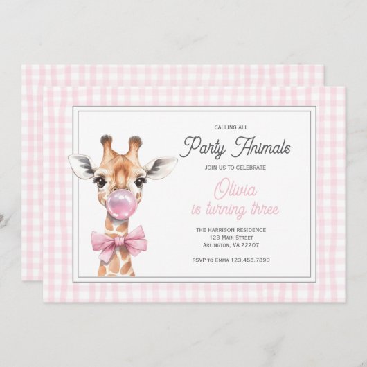 Giraffe Party Animal Verjaardag Uitnodiging – Roze (Voorkant / Achterkant)