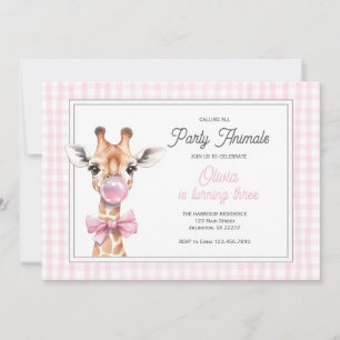 Giraffe Party Animal Verjaardag Uitnodiging – Roze