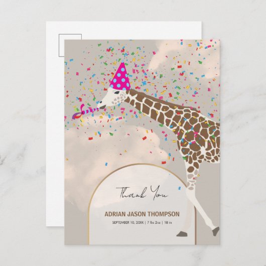 Giraffe Partying Safari Theme Baby Aankondiging (Voorkant / Achterkant)