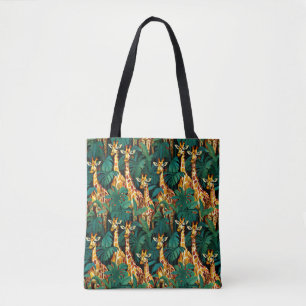 Giraffe-patroon in een groene bladrijke jungle tote bag