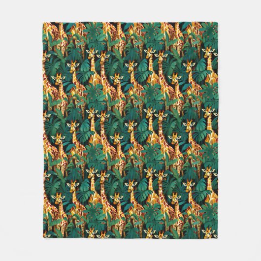 Giraffe Patroon in een groene bladvormige Oerwoud Fleece Deken (Voorkant)