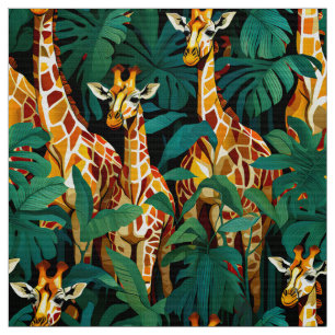 Giraffe Patroon in een groene bladvormige Oerwoud Stof