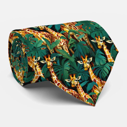 Giraffe Patroon in een groene bladvormige Oerwoud Stropdas (Opgerold)