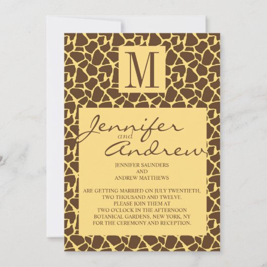 Giraffe Pattern Wedding Invitation met Monogram Kaart (Voorkant)