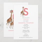 Giraffe Pink Baby Girl Initiaal Baptisme Christeni Kaart (Voorkant / Achterkant)