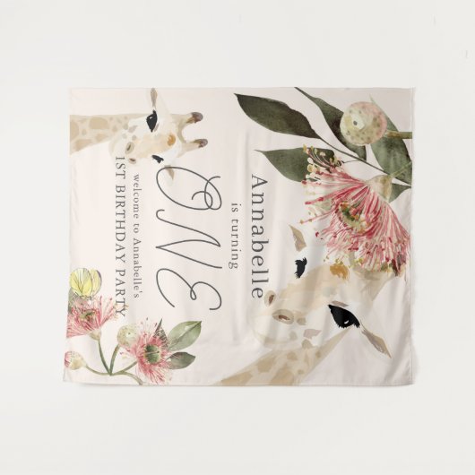 Giraffe Pink Floral Girl 1 Birthday Welkom Wandkleed (Voorkant (horizontaal))