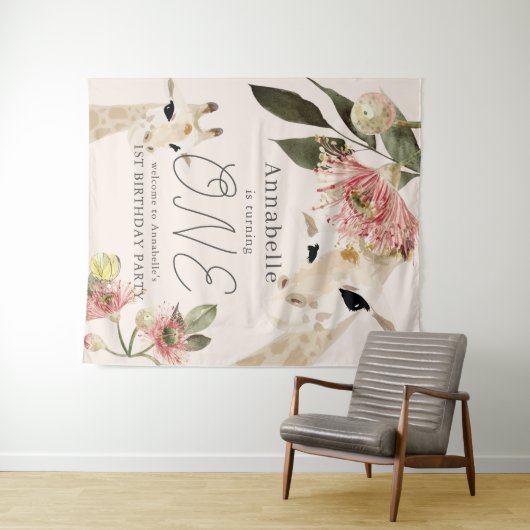 Giraffe Pink Floral Girl 1 Birthday Welkom Wandkleed (In Situ (horizontaal))
