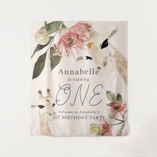 Giraffe Pink Floral Girl 1 Birthday Welkom Wandkleed (Voorkant)